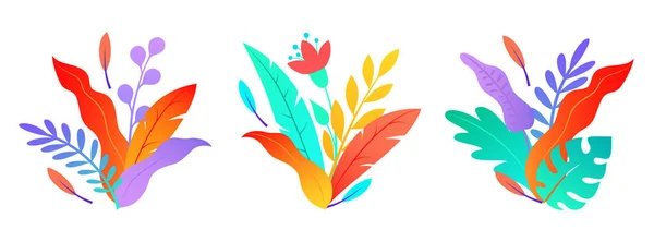 Set von Sträußen aus abstrakten bunten Blumen und Blättern. Flaches Design. Botanische Illustration. — Stockvektor