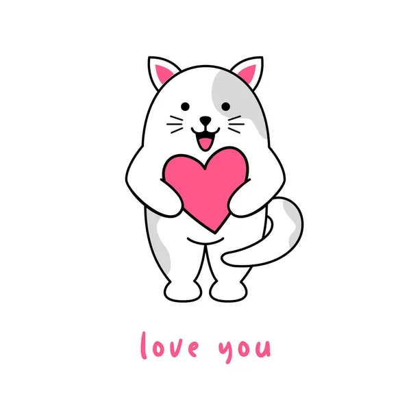Sevimli bir kedi pençelerinde bir kalp tutar. Sevgililer günü kartı. Vektör. — Stok Vektör