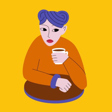 Kahve içen genç bir kadının görüntüsü. Modaya uygun. Vektör.