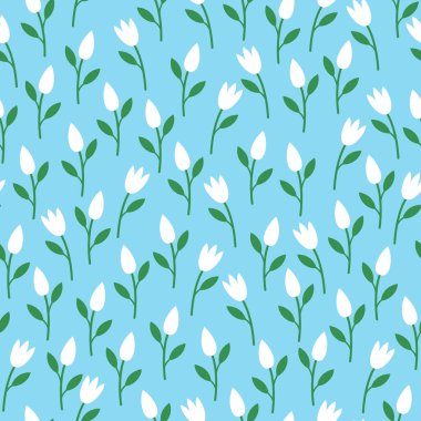 Kusursuz desenler. Mavi arkaplanda narin beyaz çiçekler.