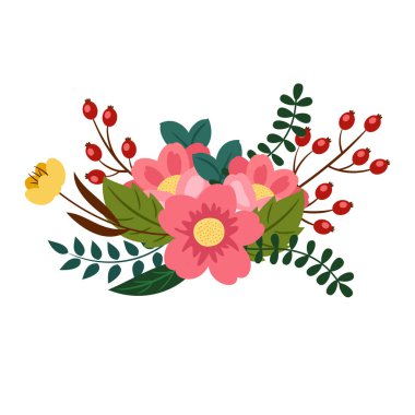 Çiçeklerin, yaprakların ve böğürtlenlerin çiçeksel bileşimi. Vektör illüstrasyonu.