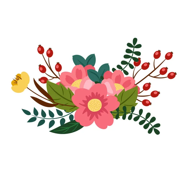 Floristic composition of flowers, leaves and berries. Vector illustration. — Stock Vector