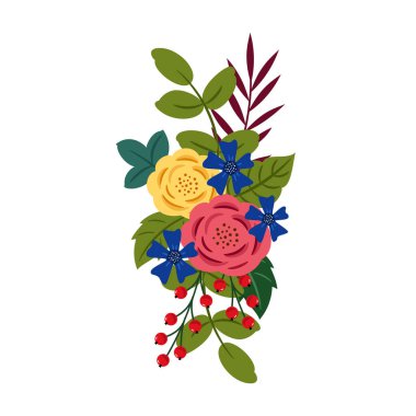 Çiçeklerin, yaprakların ve böğürtlenlerin çiçeksel bileşimi. Düz bir şekilde vektör illüstrasyonu.