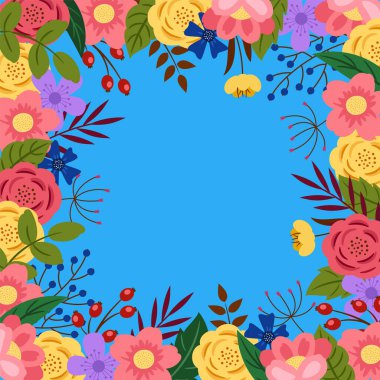 Soyut yaprakları ve çiçekleri olan mavi bir arkaplan şablonu. Düz bir tarzda yapılmış. Vektör.