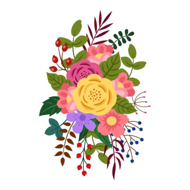 Çiçeklerin, yaprakların ve böğürtlenlerin çiçeksel bileşimi. Vektör illüstrasyonu.