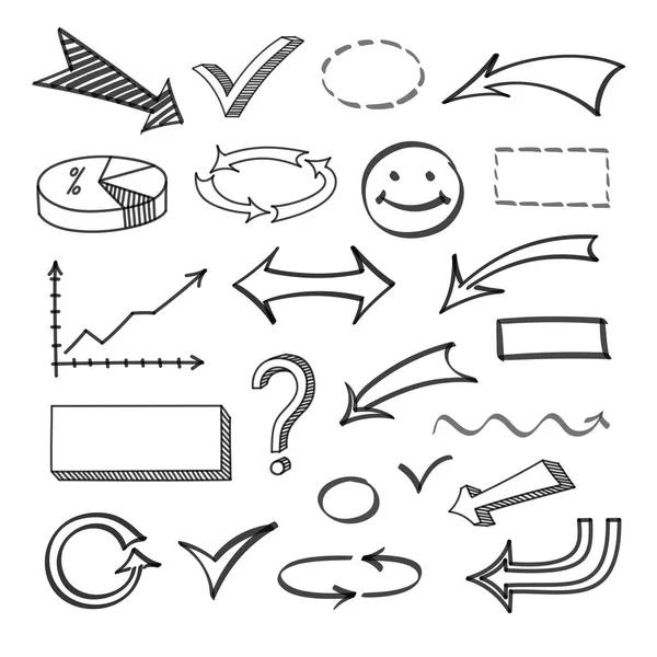 Un conjunto de flechas y punteros dibujados con un marcador, no un fondo blanco para dibujar. — Vector de stock