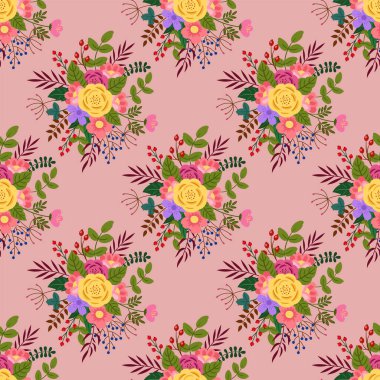 Kusursuz desen. Yeşil arkaplanda şekillendirilmiş çiçekler ve yapraklar.