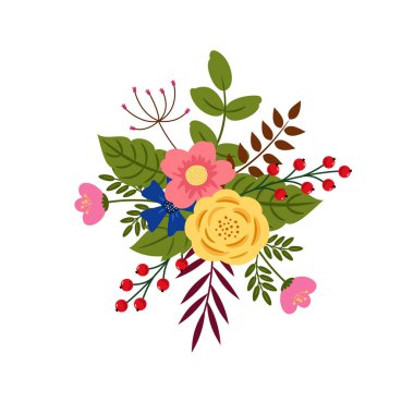 Çiçeklerin, yaprakların ve böğürtlenlerin çiçeksel bileşimi. Vektör illüstrasyonu.