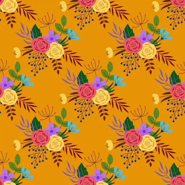 Seamless pattern. Stylized flowers and leaves on yellow background. — стоковый вектор