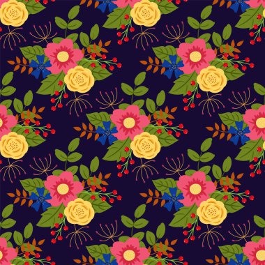 Kusursuz desen. Koyu arkaplanda şekillendirilmiş çiçekler ve yapraklar. Vektör.