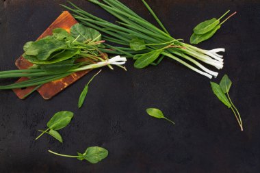  kesme tahtası üzerinde karanlık ba kuzukulağı ve yeşil soğan yaprak