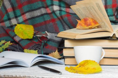 book with a cup, a pen and an open notebook on plaid background