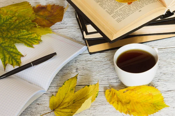 open books and a notebook with a pen and a cup of tea on a white