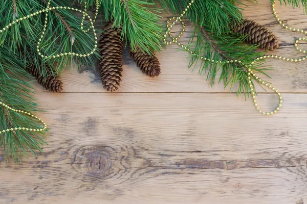 Evergreen branches with cones  and beads on a background of ligh — 图库照片