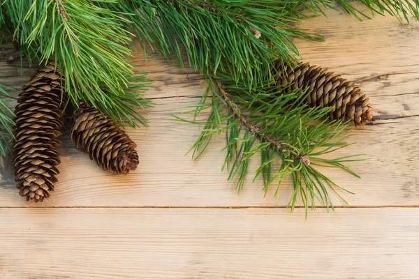 Kiefernzweige mit Zapfen auf hellem Holz — Stockfoto