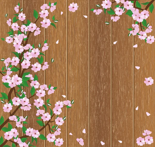Snímek kvetoucí větve stromu na dřevěné pozadí — Stockový vektor