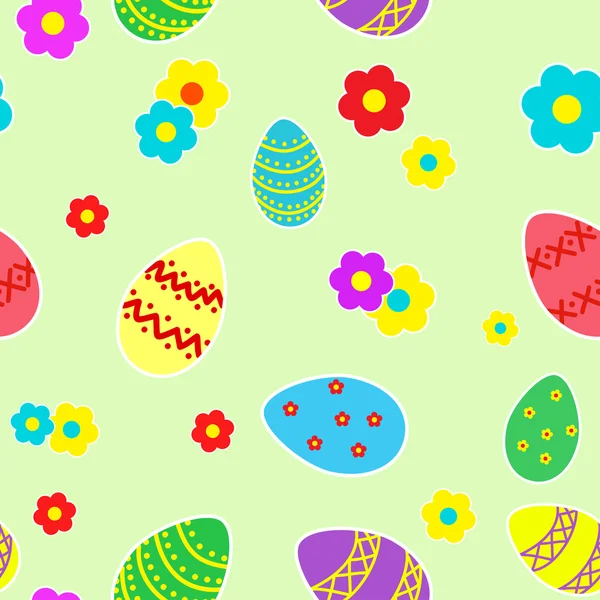 Nahtloses Ostermuster farbiger Eier auf hellgrünem Hintergrund — Stockvektor