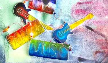 Elektrikli cam gitar. Renkli arka plan üzerinde renkli cam soyut kompozisyon.