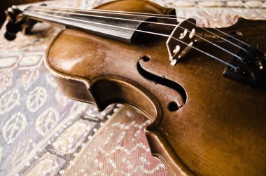 Vintage keman ile natürmort. Eski ahşap keman closeup. Yaylı müzik enstrümanı arka plan üzerinde