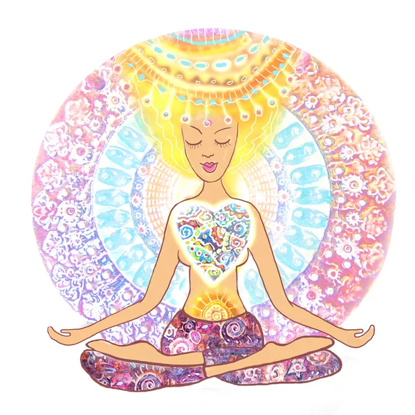 Kadın pratik yoga. Lotus poz Yoga mandala arka plan üzerinde oturan el çizilmiş kadın.