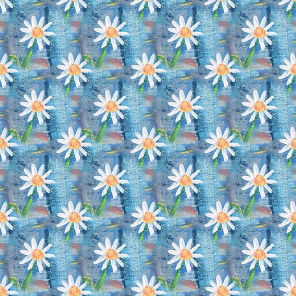 Άνευ ραφής αφηρημένο floral μοτίβο με άνθη χαμομηλιού. Απέραντο φόντο. Διασκεδαστικό και χαριτωμένο υφή με χαμομήλι κινουμένων σχεδίων — Φωτογραφία Αρχείου