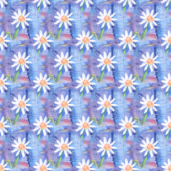 카모마일 꽃으로 원활한 추상 꽃 패턴입니다. 끝 없는 배경. 재미와 귀여운 만화 카모마일 텍스처 — 스톡 사진
