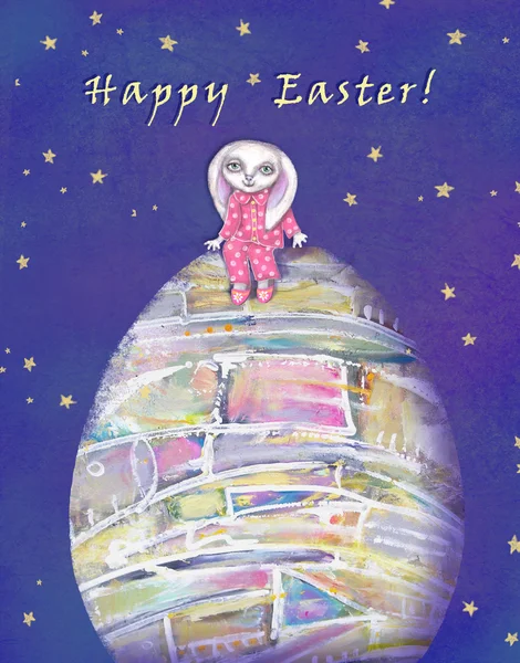Glad påsk gratulationskort med kanin och påskägg. — Stockfoto