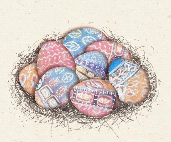 Huevos étnicos coloridos en nido de aves para tarjeta de felicitación del día de Pascua . — Foto de Stock