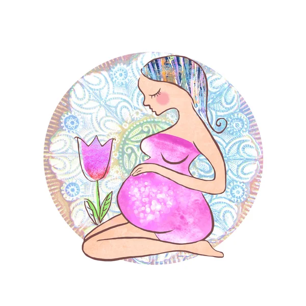 Isolated beautiful pregnant woman and tulip flower. Happy mothers day card with pregnant woman. — Stock Photo, Image