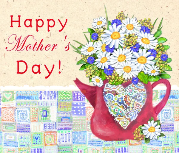 Niedliche Teekanne mit abstrakten bunten Herzstrauß aus Gänseblümchen und Kornblumen. Glückliche Muttertagskarte. — Stockfoto