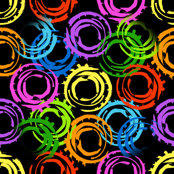 Abstract seamless pattern with big intersected painted circles. Bright colors on black background.
