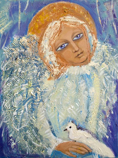 Engel mit Vogel. original Acrylgemälde auf Leinwand — Stockfoto