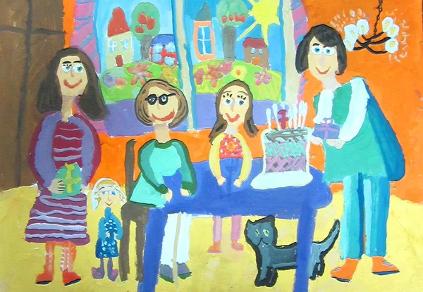 Çocuk çizim. Aile ile doğum günü partisi. Yedi yıl. Mutlu bir aile doğum günü ve verir hediye kutlama