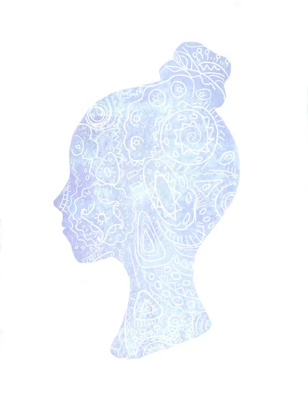 Hand drawn illustration. Ethnic stylized patterned profile of girl isolated on white background. Floral design. — Stock Photo, Image