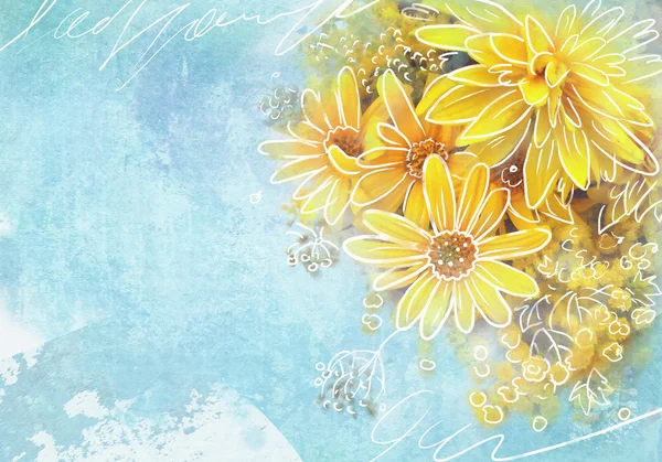 Grunge mavi arka plan üzerinde sarı kır çiçekleri güzel buket. Asters, dahlias, detaylarda bronzlaşma. Çiçek şablonu