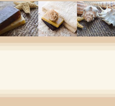 El yapımı Sabun, havlu ve kabukları ile güzel boş. Spa set. Sağlık ve rahatlatıcı kavramları ya da reklam Masaj.