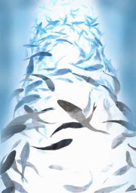 Güneş ışınları balık siluetleri Okulu ile sualtı deniz manzarası Illustration. Mavi su altında.