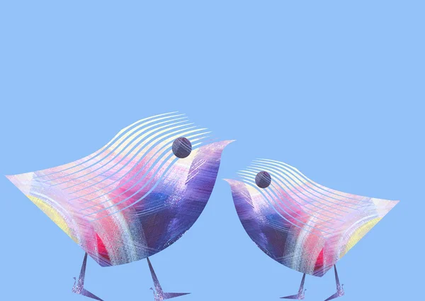 Insolite beauté drôle paire isolée d'oiseaux sur fond bleu. Peinture abstraite. La conception des oiseaux. Logo, emblème . — Photo