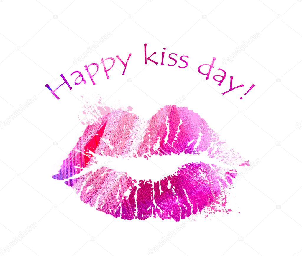Print of pink lips. Lipstick kiss on white background. Card for International Kissing Day. Illustration with glamorous sensual red lips. Sexy kissing woman lips. Beautiful close up kiss icon.