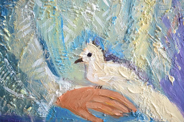 Abstract acrylic painting with white dove on a hand. Pigeon sitting on a palm.