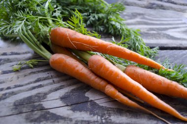 Olgun ve taze organik havuç eski ahşap masa üzerinde. Demet ahşap arka plan üzerinde genç havuç hasat.