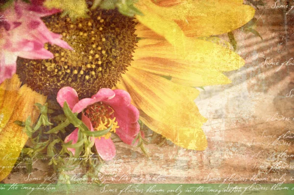 Floral Card Fresh Beautiful Yellow Sunflower Pink Wildflowers Brown Textured — Stock Photo, Image