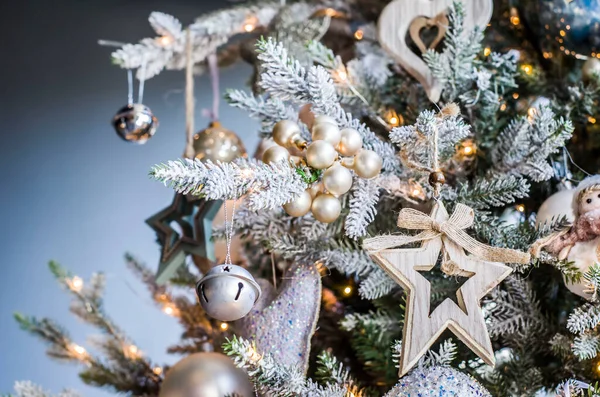 Vrolijk Kerstfeest Gelukkig Nieuwjaar Feestelijke Kaart Kerstster Decoratie Vakantie Compositie — Stockfoto