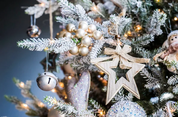 Vrolijk Kerstfeest Gelukkig Nieuwjaar Feestelijke Kaart Kerstster Decoratie Vakantie Compositie — Stockfoto