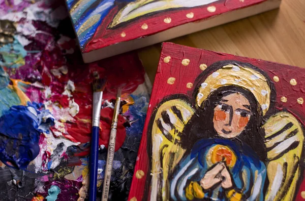 Ангел Намальований Дошці Старовинному Стилі Живопису Різдвяні Фото — стокове фото