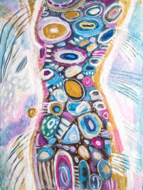 Parlak sabah renklerinde bir kadın silueti. Akrilik dikey soyut resim.