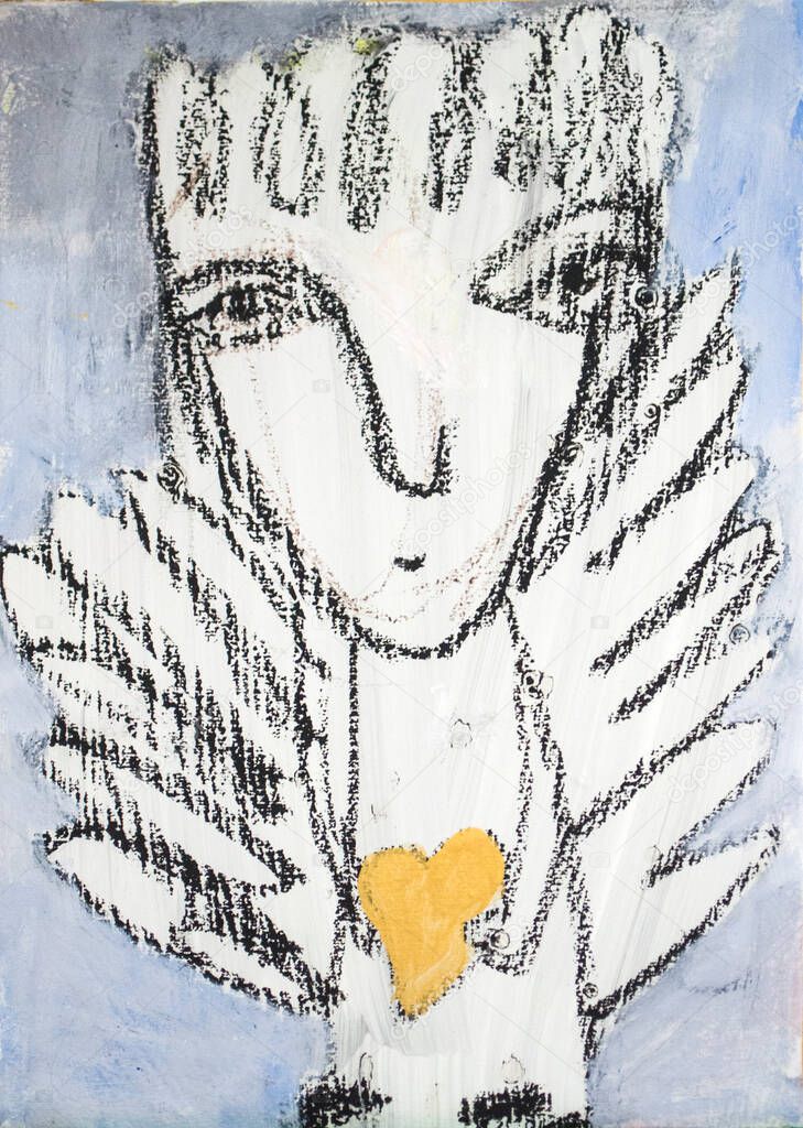 Beautiful acrylic painting on canvas of a mysterious angel in heart surrounded by abstract wing.