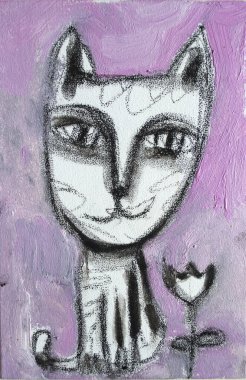 Yavru kedi konsepti. Arka planda izole edilmiş kedi ve çiçek tasviri.