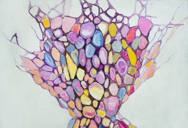 Mavili akrilik renkli soyut resim, mor beyaz renk. Çadır beyazı arka plan. Su sıçraması. İç mekan için resim, duvar dekorasyonunun bir parçası olarak.