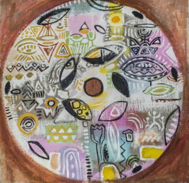 Çatlak arka planda ateşli çemberler. Grunge renk arkaplanı. Eski püskü alçı arka plan. Grunge beton duvarı çatlattı. Çatlak alçı ve beyazlatıcıyla duvar dokusu. Mistik Göz.